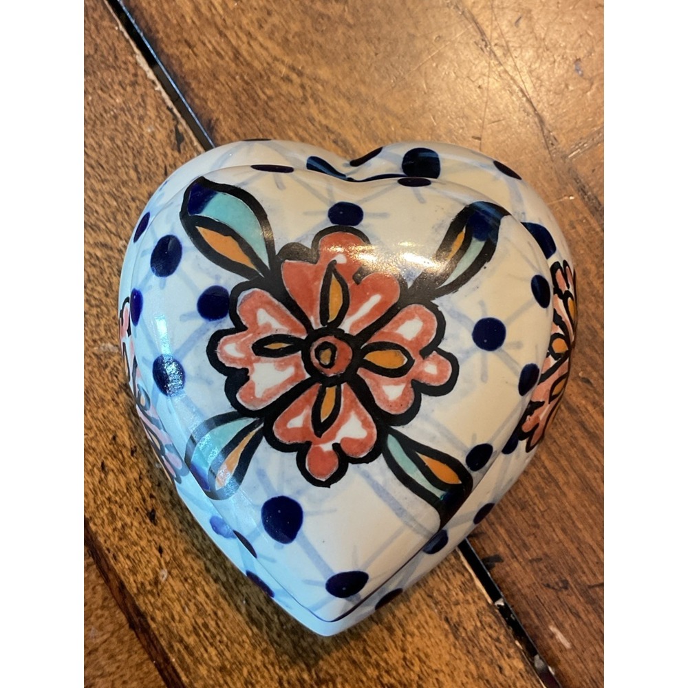 Mexican Folk Art Trinket Box Heart Shaped Hand Painted Red Clay Pottery